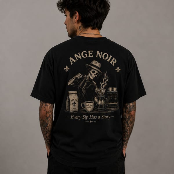 Man from behind wearing a black t-shirt with a skeleton brewing coffee design and "ANGE NOIR".